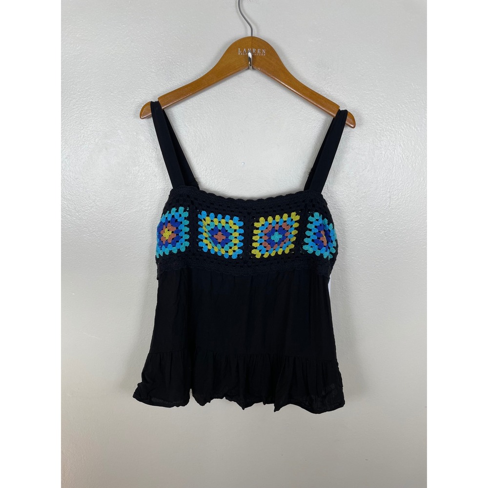 SO‎ Women's S Camisole Black Crochet Granny Square Boho Ruffle Tank Top